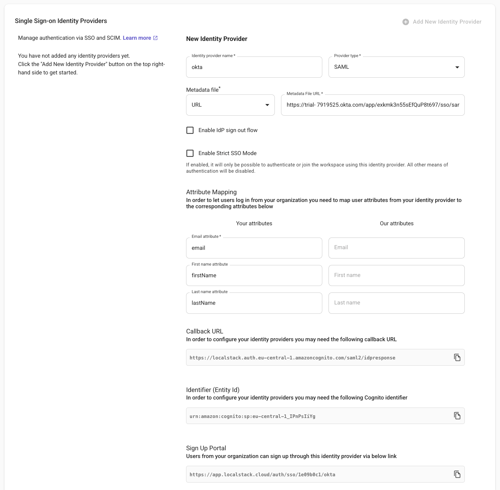 Place Okta Metadata URL in LocalStack UI